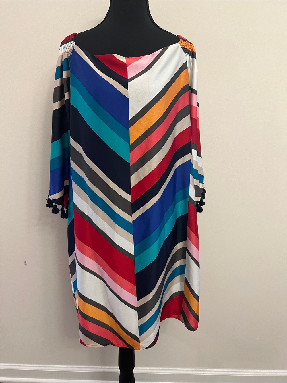 Trina Turk Off-Shoulder Multi-Stripe Dress in Red, Blue, Teal & Mustard